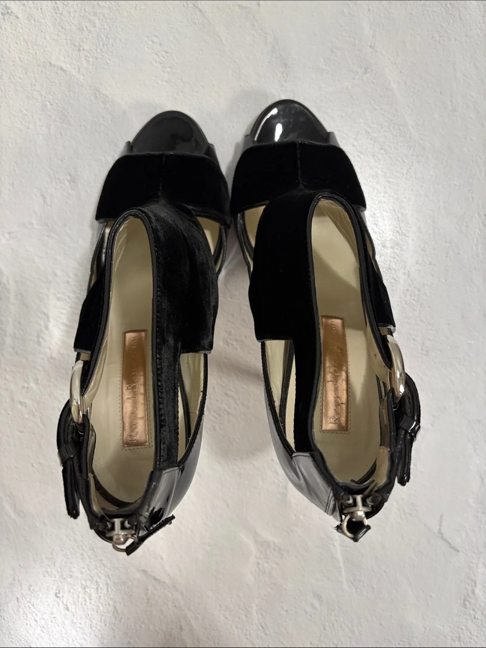 Black Velvet & Patent Leather Cutout High Heel Sandals 10.5